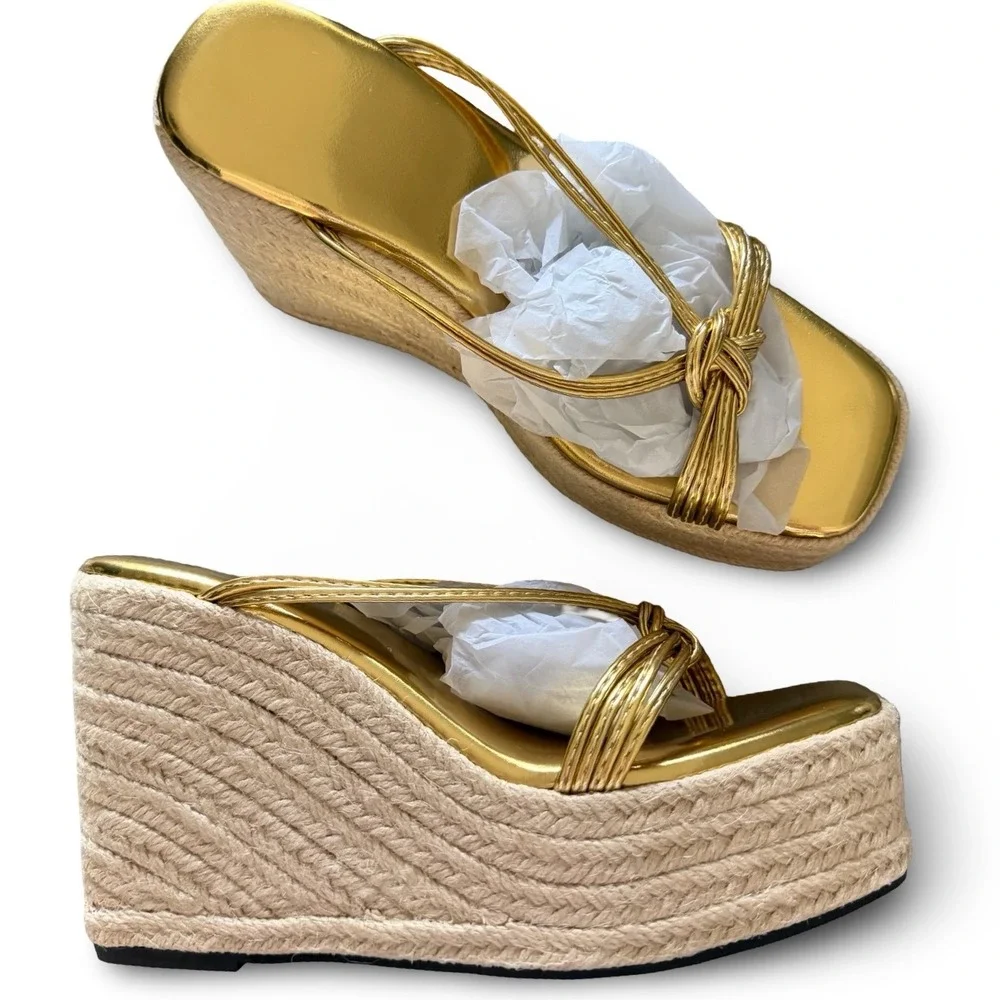 Gold Metallic Wedge Espadrille Platform Sandals Knotted Straps Square Toe Sz 6